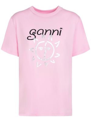 Jersey bombažna majica s potiskom Ganni roza