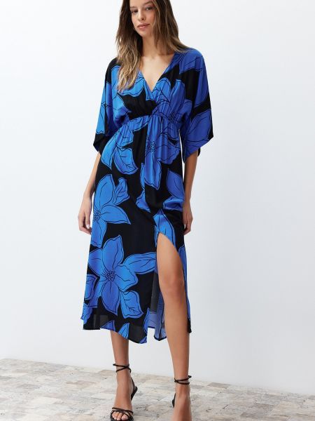 Pletena midi obleka s cvetličnim vzorcem Trendyol modra