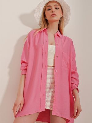 Oversized bavlnená ľanová košeľa Trend Alaçatı Stili ružová