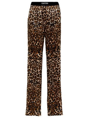 Hodvábne rovné nohavice s potlačou s leopardím vzorom Tom Ford hnedá