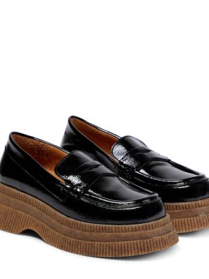 Pantofi loafer din piele cu platformă de lac Ganni negru