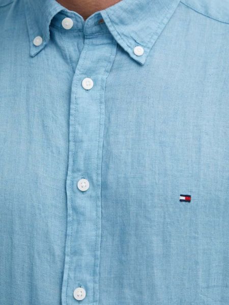 Lniana koszula na guziki puchowa Tommy Hilfiger niebieska