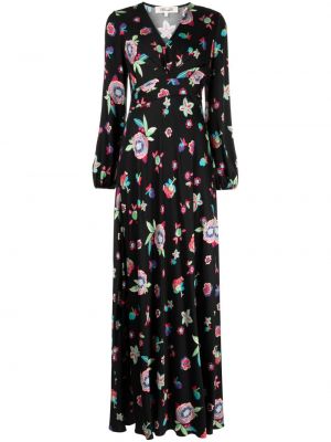 V-nyakú virágos hosszú ruha nyomtatás Dvf Diane Von Furstenberg fekete