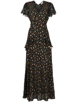 Hedvábné dlouhé šaty s potiskem s abstraktním vzorem Rixo černé