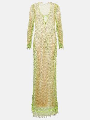 Rochie lunga cu mărgele plasă Self-portrait verde