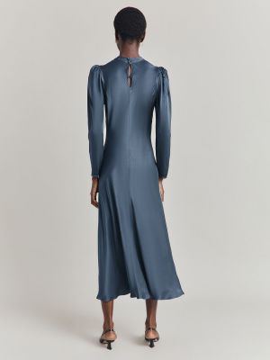 Атласный платье-трапеция с пышными рукавами Ghost синий
