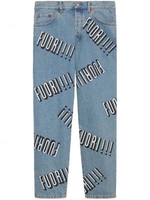 Straight leg jeans con stampa Gucci blu
