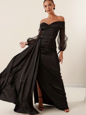 Krepové saténové dlouhé šaty By Saygı černé