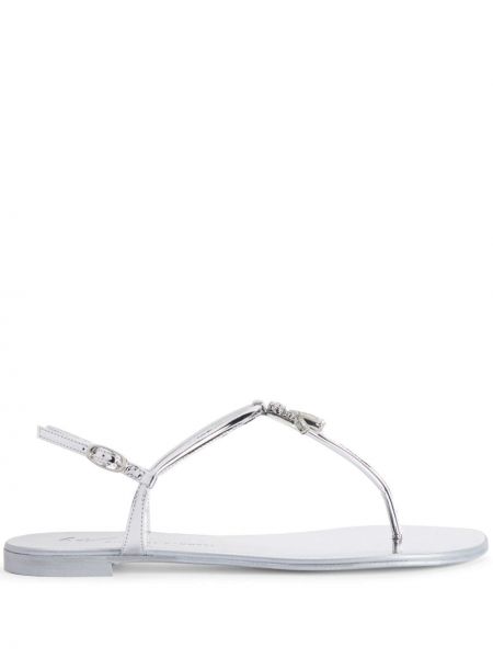 Křišťálové kožené sandály bez podpatku Giuseppe Zanotti stříbrné