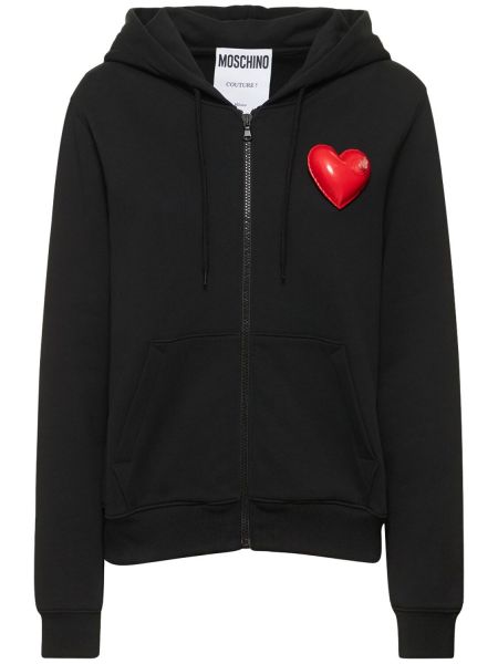 Mikina s kapucí na zip jersey se srdcovým vzorem Moschino černá