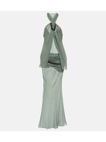 Svilena maksi haljina s biserima s draperijom Christopher Esber zelena