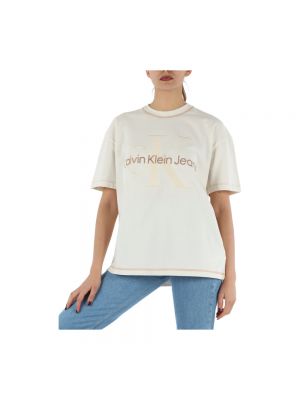 Camiseta con bordado de algodón oversized Calvin Klein Jeans beige