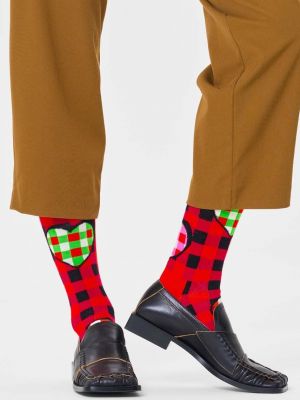 Čarape karirane s uzorkom srca Happy Socks crvena