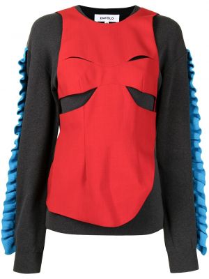 Długi sweter bawełniany z falbankami z długim rękawem Enfold - czerwony