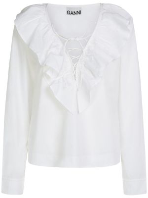 Памучна риза с v-образно деколте с волани Ganni бяло