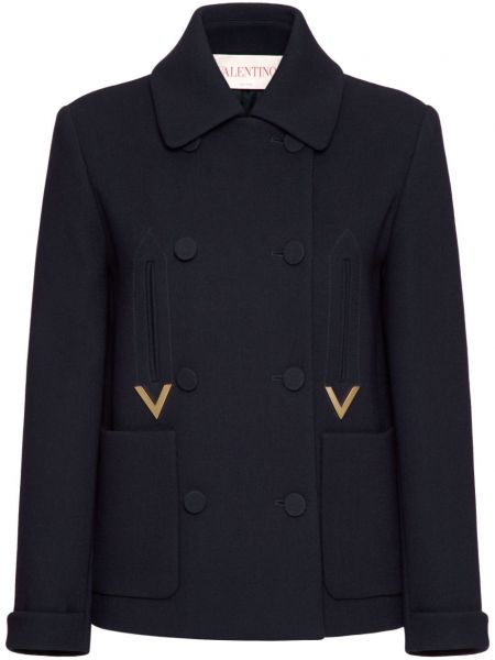 Vlněný dvouřadý kabát Valentino Garavani modrý