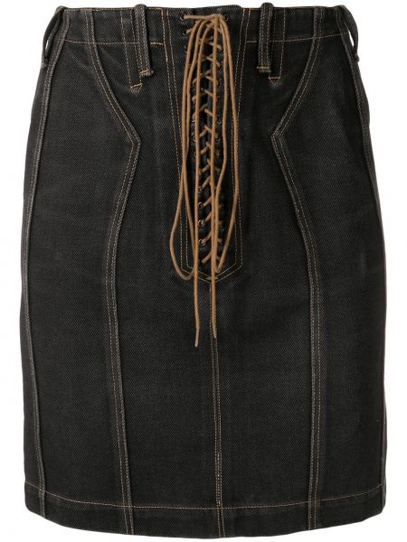 Šněrovací džínová sukně s vysokým pasem s páskem Alaïa Pre-owned - černá