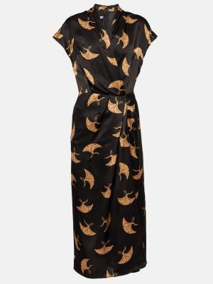 Jedwabna satynowa sukienka midi z nadrukiem Dries Van Noten czarna