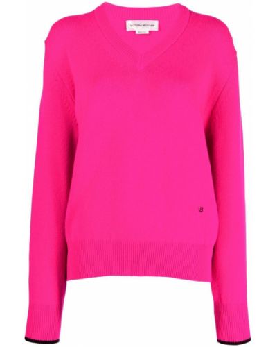 Siuvinėtas megztinis v formos iškirpte Victoria Beckham rožinė