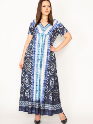 Batikované dlouhé šaty s výstřihem do v şans modré
