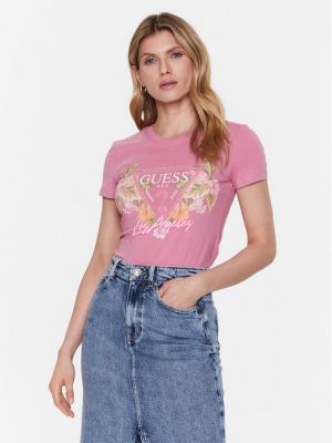 Majica slim fit s cvjetnim printom Guess ružičasta