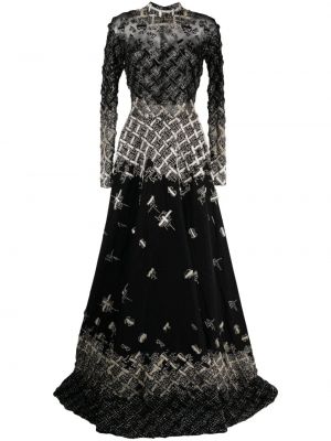 Robe de soirée avec perles à imprimé en tulle Saiid Kobeisy noir