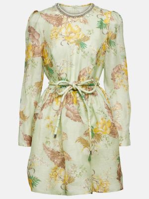 Kvetinové hodvábne ľanové šaty Zimmermann zelená
