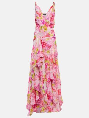 Kvetinové šifonové hodvábne dlouhé šaty Versace ružová