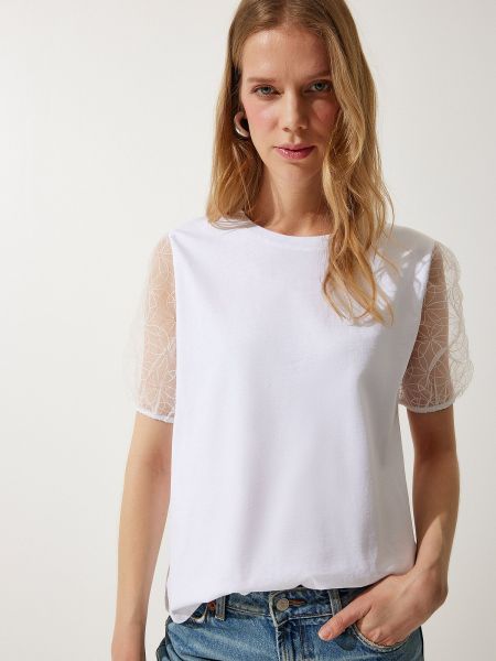 Megztas marškinėliai iš tiulio Happiness İstanbul balta