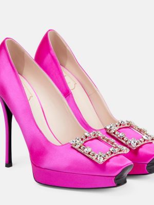 Сатенени полуотворени обувки на цветя на платформе Roger Vivier розово