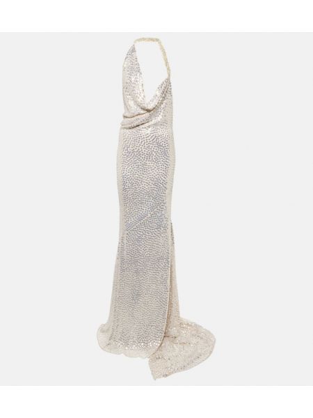 Křišťálové hedvábné dlouhé šaty Maticevski stříbrné