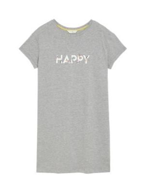 Womens M&S Collection Cotton Rich Happy Slogan Short Nightdress - Grey Mix, Grey Mix M&s Collection