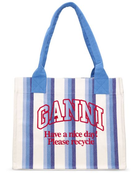 Prugasta pamučna shopper torbica Ganni plava