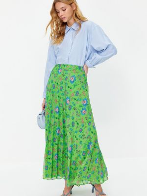 Plisovaná kvetinová šifonová sukňa Trendyol zelená