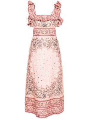 Lněné midi šaty s potiskem s paisley potiskem Zimmermann růžové