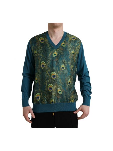 Jedwabny sweter w piórka z dekoltem w serek Dolce And Gabbana zielony