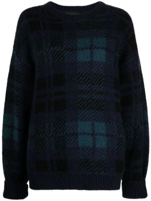 Niebieski sweter w kratkę z okrągłym dekoltem Cynthia Rowley