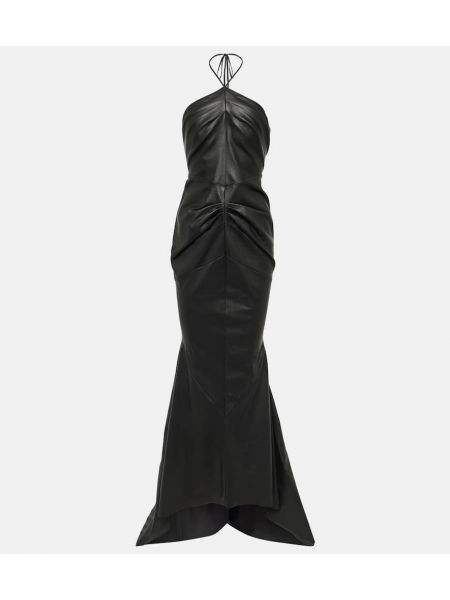 Usnjena dolga obleka z draperijo Maticevski črna