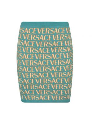 Dzianinowa mini spódniczka z wysoką talią żakardowa Versace niebieska