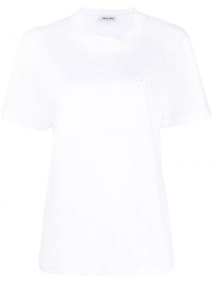 Haftowana koszulka bawełniana Miu Miu biała