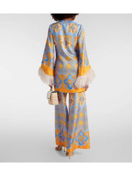 Jedwabna sukienka w piórka z nadrukiem La Doublej niebieska