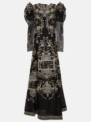 Jedwabna lniana haftowana sukienka długa Zimmermann czarna