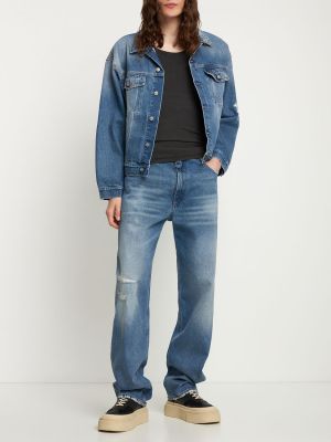 Bavlněná džínová bunda s oděrkami Mm6 Maison Margiela modrá