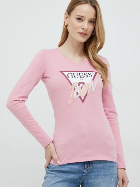 Bombažna majica z dolgimi rokavi z dolgimi rokavi Guess roza