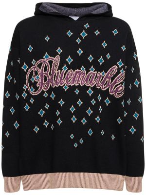 Žakárový sveter s kapucňou Bluemarble čierna