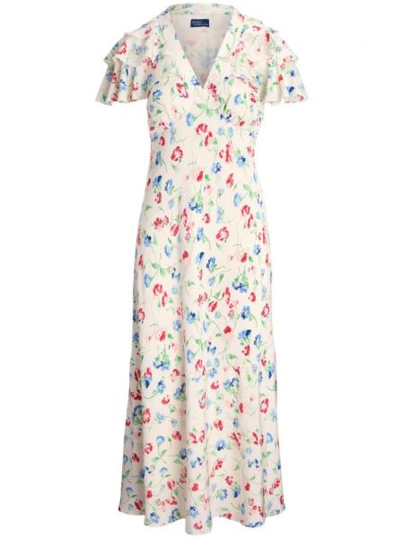Jedwabna sukienka midi w kwiatki z nadrukiem Polo Ralph Lauren biała