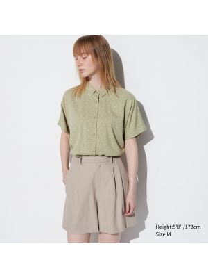 Шелковая блузка с принтом с коротким рукавом Uniqlo зеленая