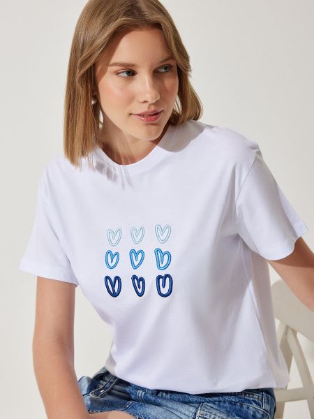 Pamučna majica s vezom s uzorkom srca Happiness İstanbul bijela
