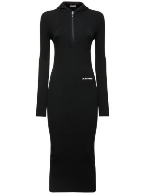 Vlnené midi šaty s kapucňou Jil Sander čierna