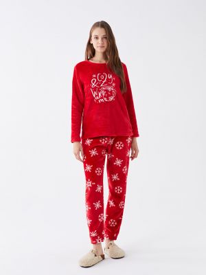 Пижама с вышивкой с длинным рукавом с круглым вырезом Lcw Dream красная